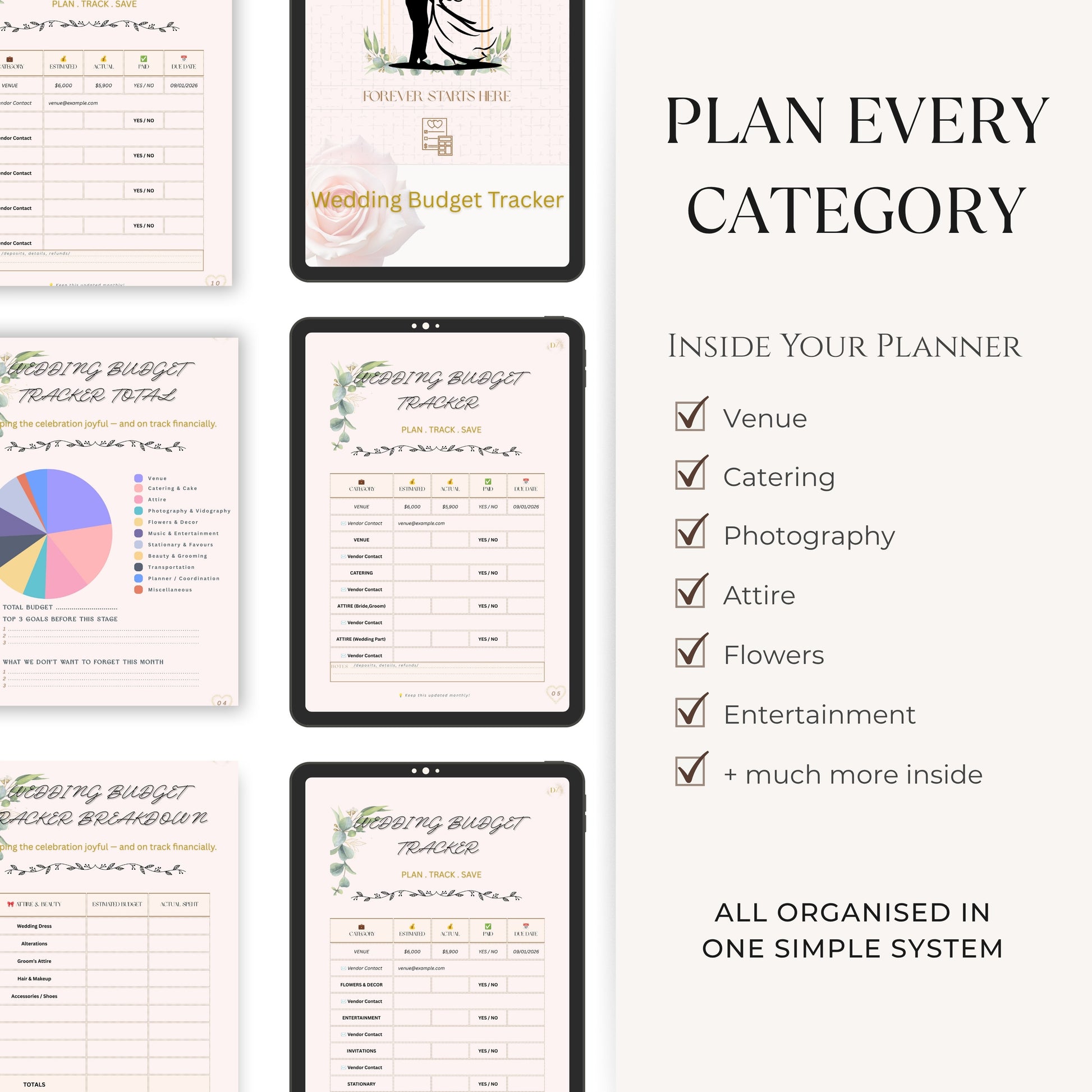 Wedding Budget Planner showing category budget worksheets for venue, catering and photography