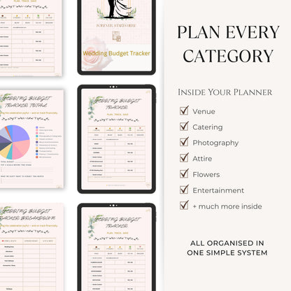 Wedding Budget Planner showing category budget worksheets for venue, catering and photography