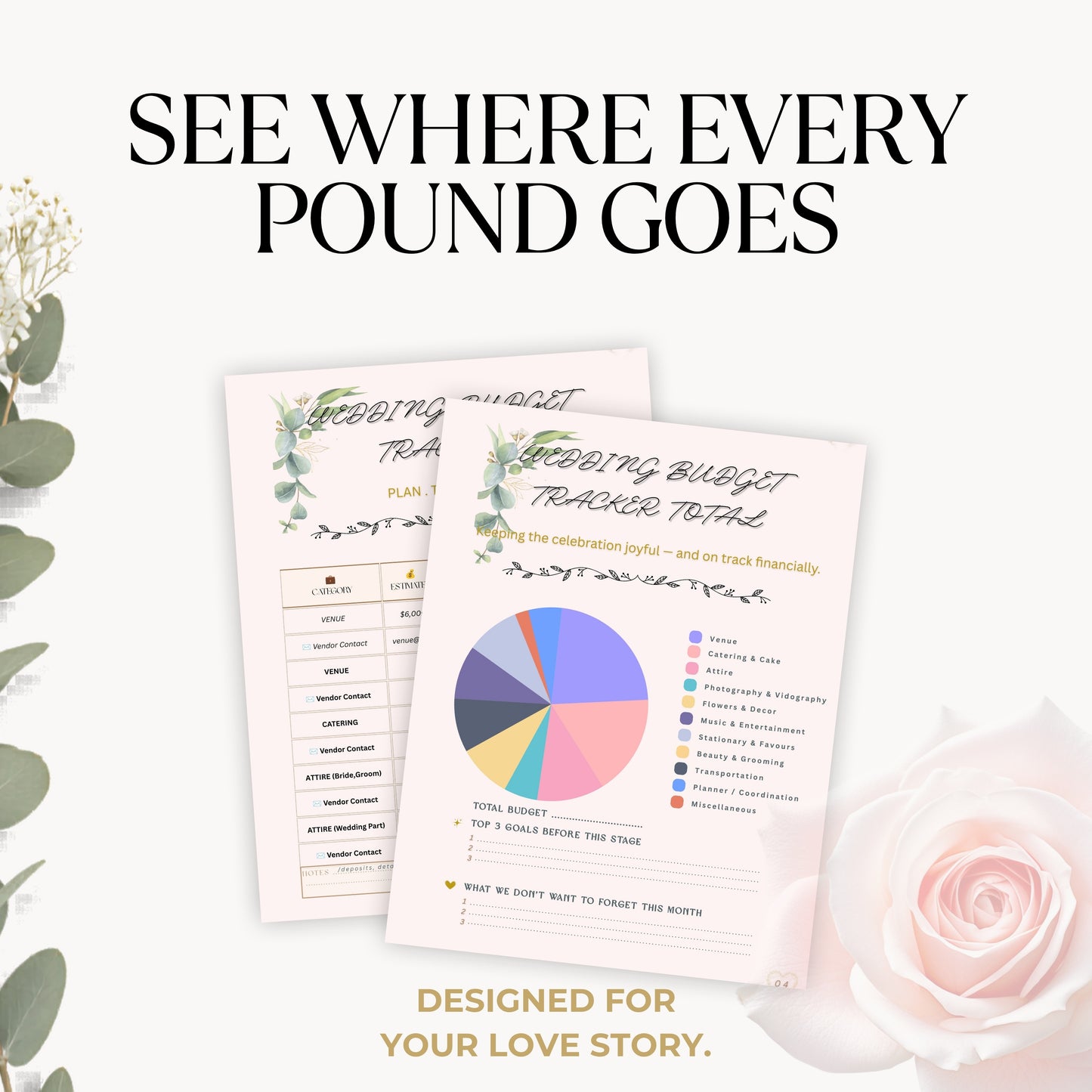 Wedding Budget Dashboard printable page with pie chart and expense tracker
