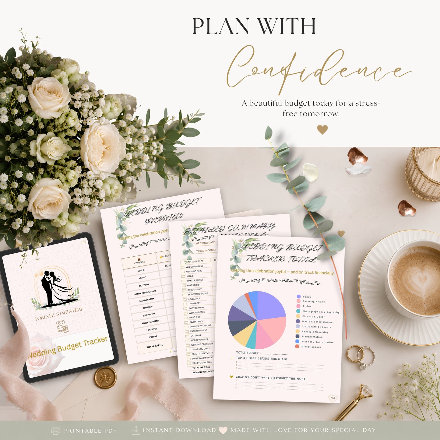 Elegant Wedding Budget Planner lifestyle mockup with flowers, wedding rings and coffee