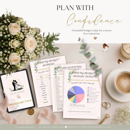 Elegant Wedding Budget Planner lifestyle mockup with flowers, wedding rings and coffee