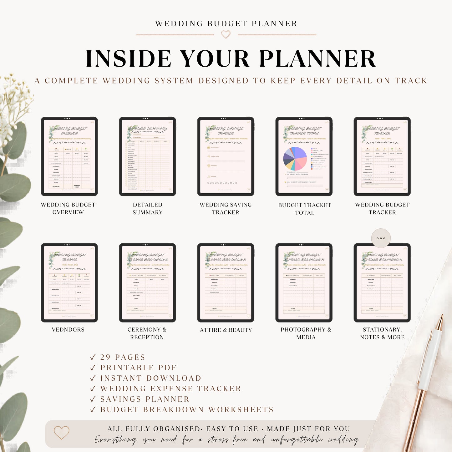 Wedding Budget Planner overview showing all printable planner pages included