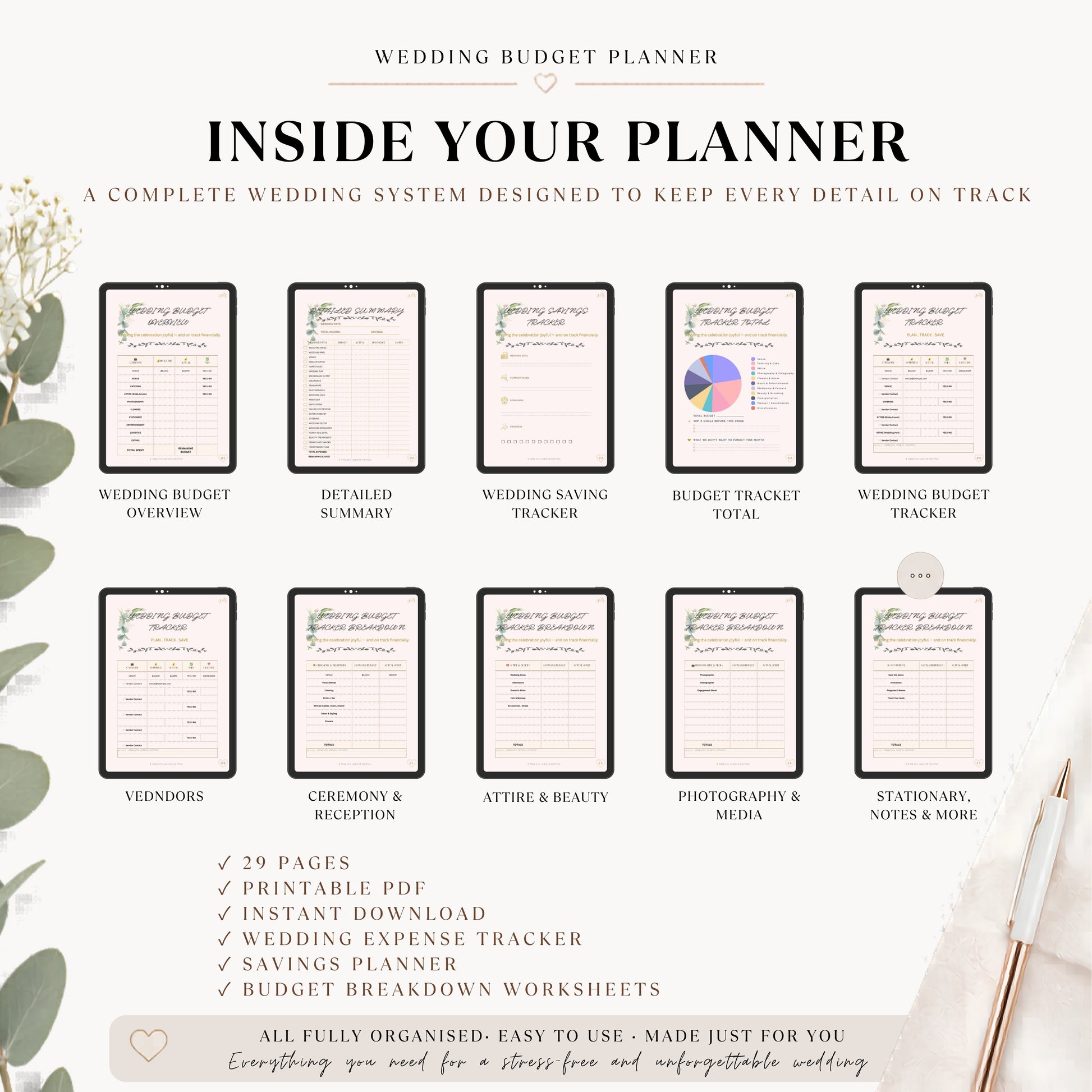 Wedding Budget Planner overview showing all printable planner pages included