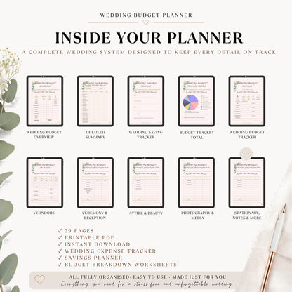Wedding Budget Planner overview showing all printable planner pages included