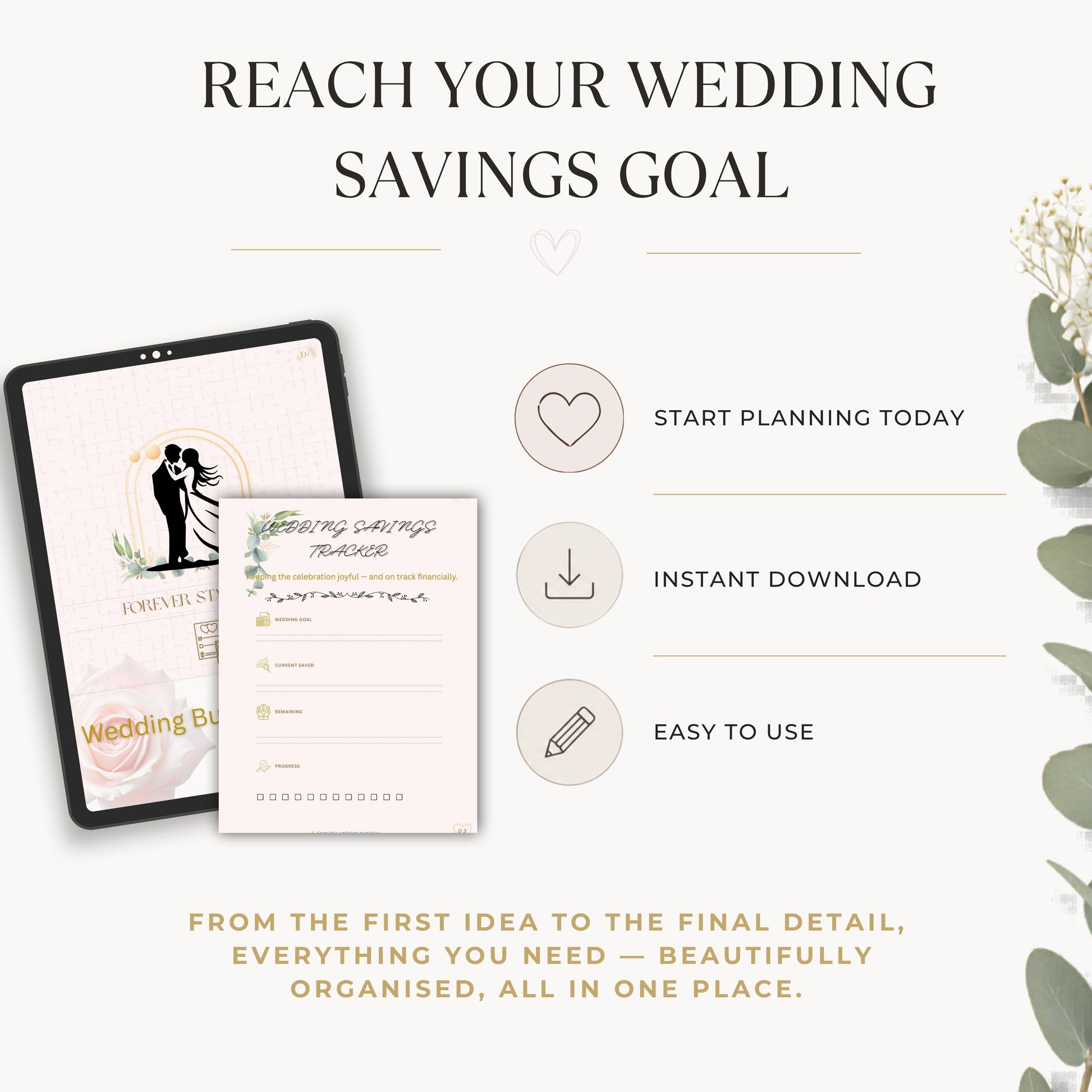 Wedding savings tracker printable page to help save for your wedding budget