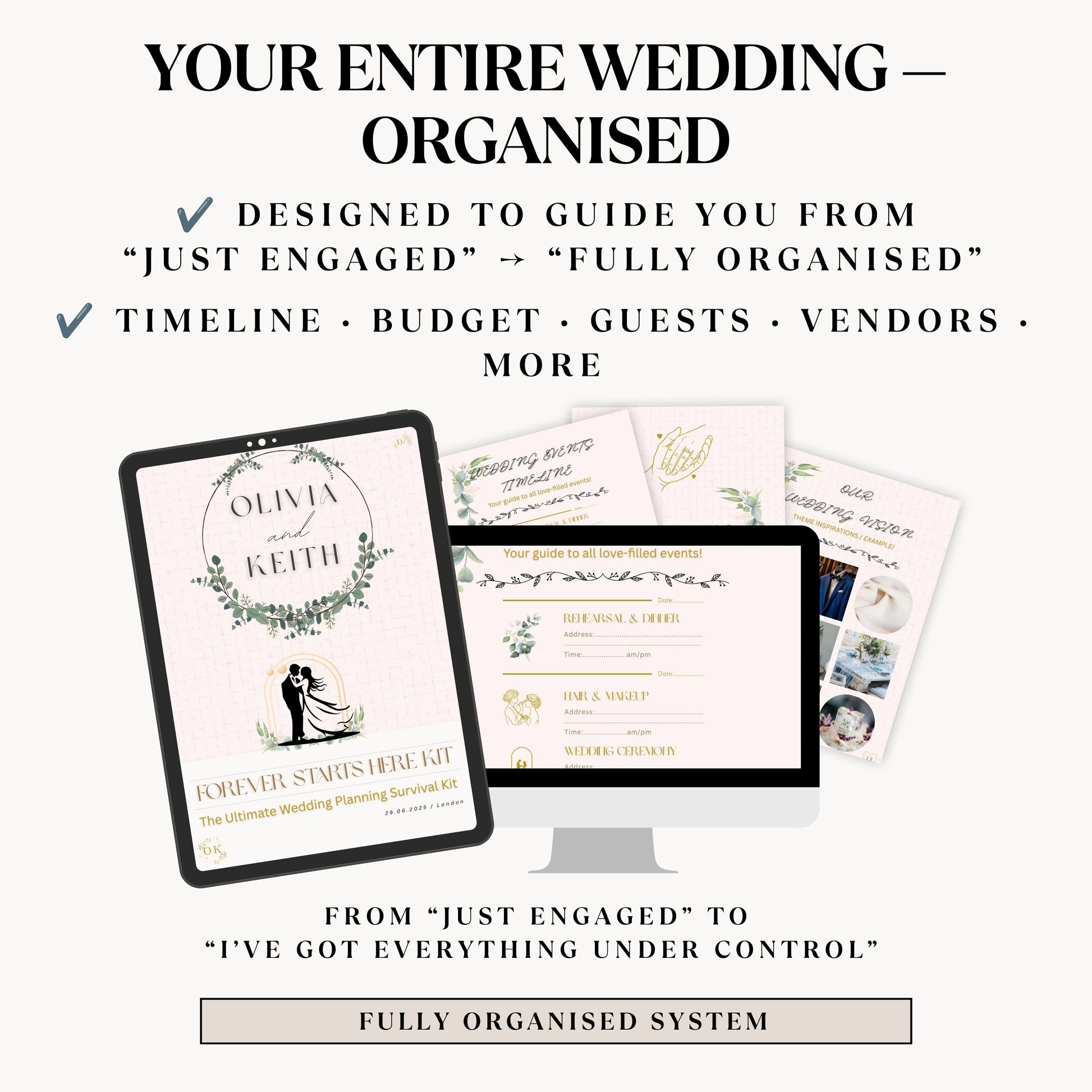 Promotional graphic for a wedding planning kit showing a tablet and computer mockup with invitation templates and planning pages, plus marketing text about organising an entire wedding.